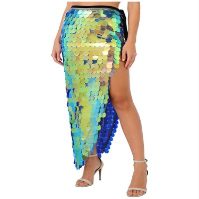 Alvivi Women's Shiny Sequin Long Skirt Belly Dance Hip Scarf Wrap Skirt Sparkly Halloween Rave Party Costume Gold X-Large