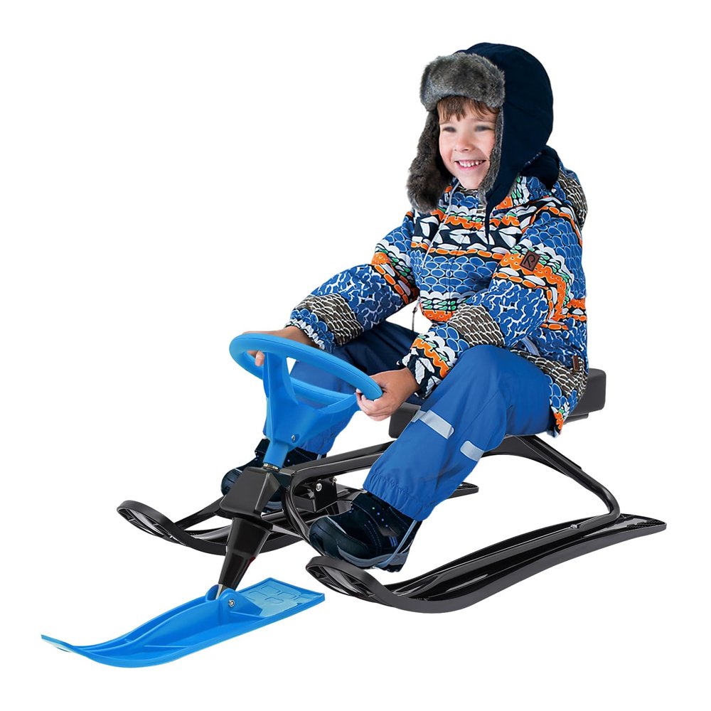RIAHNEAH Snow Sled, Baby Sled with Steering Wheel Double Brakes, Durable Steel Frame Ice Fishing Sled for Skiing, Ice Skating, and Sand Skiing, can Bear 220 Lbs, Blue