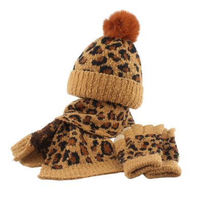 Kids Toddler Winter Beanie Hats Gloves Long Scarf Leopard Print Warm Knit Set Pompom Beanie Neck Warmer Mittens Gifts Brown