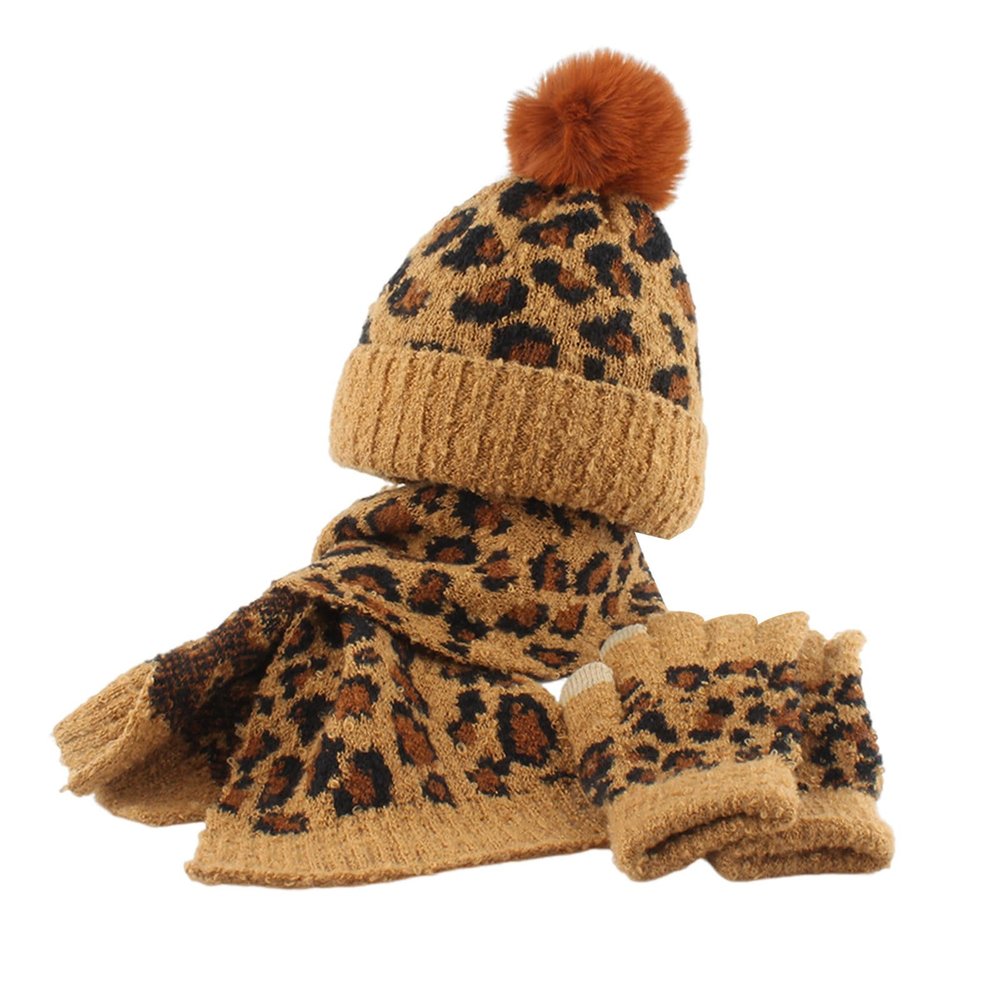 Kids Toddler Winter Beanie Hats Gloves Long Scarf Leopard Print Warm Knit Set Pompom Beanie Neck Warmer Mittens Gifts Brown