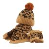 Kids Toddler Winter Beanie Hats Gloves Long Scarf Leopard Print Warm Knit Set Pompom Beanie Neck Warmer Mittens Gifts Brown view 1