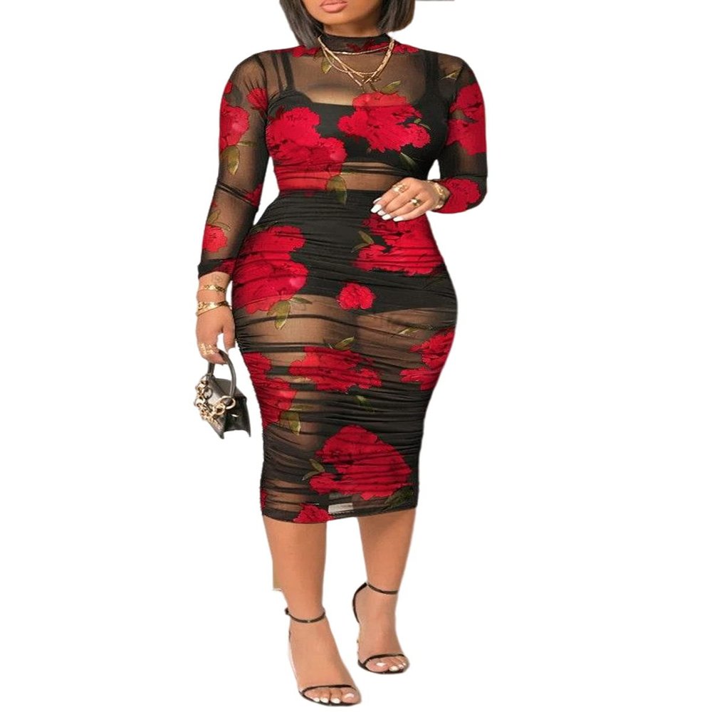 Women Sexy See Through Sheer Mesh Bodycon Midi Dress Long Sleeve Skirt 3 Piece Outfits Set Floral Print Cover Up Red S