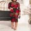 Women Sexy See Through Sheer Mesh Bodycon Midi Dress Long Sleeve Skirt 3 Piece Outfits Set Floral Print Cover Up Red S view 2