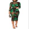 Women Sexy See Through Sheer Mesh Bodycon Midi Dress Long Sleeve Skirt 3 Piece Outfits Set Floral Print Cover Up Green2 S view 1