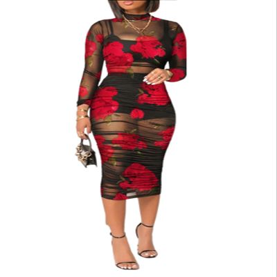 Women Sexy See Through Sheer Mesh Long Sleeve Floral Midi Cover Up Dress Crop Tank Tops Shorts 3 Piece Outfits Set Red XL
