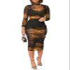 Women Sexy See Through Sheer Mesh Bodycon Midi Dress Long Sleeve Skirt 3 Piece Outfits Set Floral Print Cover Up Brown XL view 1