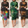 Women Sexy See Through Sheer Mesh Bodycon Midi Dress Long Sleeve Skirt 3 Piece Outfits Set Floral Print Cover Up Brown XL view 3