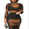 Women Sexy See Through Sheer Mesh Bodycon Midi Dress Long Sleeve Skirt 3 Piece Outfits Set Floral Print Cover Up Brown XL view 4