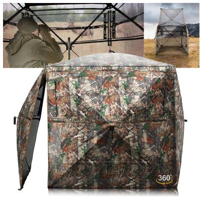 HUNTSEN Hunting Blind 360 Degree See Through Ground Blind 2-3 Person - Portable Pop Up Deer Blind with Full Open Door - Camouflage Ground Blind for Deer & Turkey Hunting