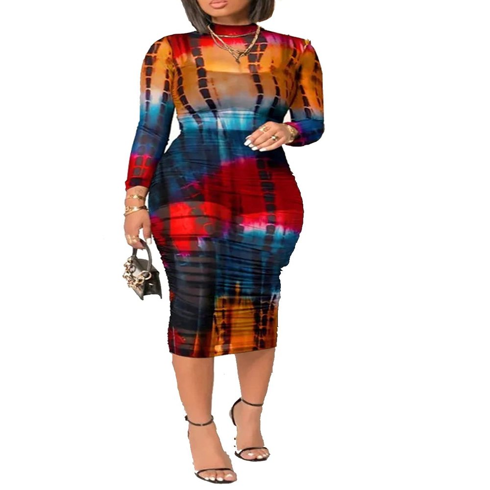 Women Sexy See Through Sheer Mesh Bodycon Midi Dress Long Sleeve Skirt 3 Piece Outfits Set Floral Print Cover Up Multi 2XL