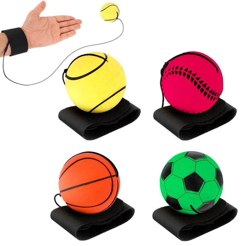 DSLSQD 4 Pieces Wrist Return Ball, 2 Inch Rubber Rebound Ball Wristband On A String Sports Wrist Ball Includes Basketball, Baseball and Football for Teens Adults Wrist Exercise or Play (Luminous)