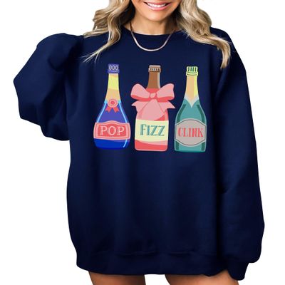TEEAMORE Pop Fizz Clink Sweatshirt Champagne Graphic Drinking Bridesmaid Bridal Party Crewneck Navy X-Large #0036