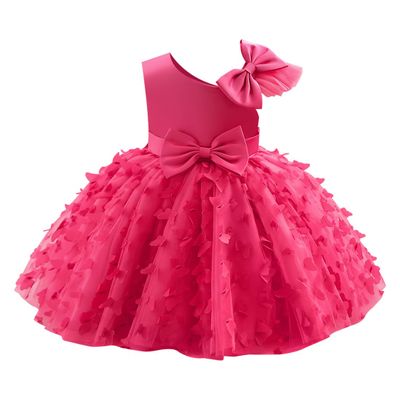 Toddler Baby Girl Birthday Dress Infant Wedding Flower Girl Dress Bowknot Stain Tulle Butterfly Dress Princess Party Tutu Dresses for Photoshoot Hot Pink 5-6 Years