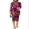 Women Sexy See Through Sheer Mesh Bodycon Midi Dress Long Sleeve Skirt 3 Piece Outfits Set Floral Print Cover Up Rose2 L view 1