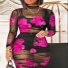 Women Sexy See Through Sheer Mesh Bodycon Midi Dress Long Sleeve Skirt 3 Piece Outfits Set Floral Print Cover Up Rose2 L view 3