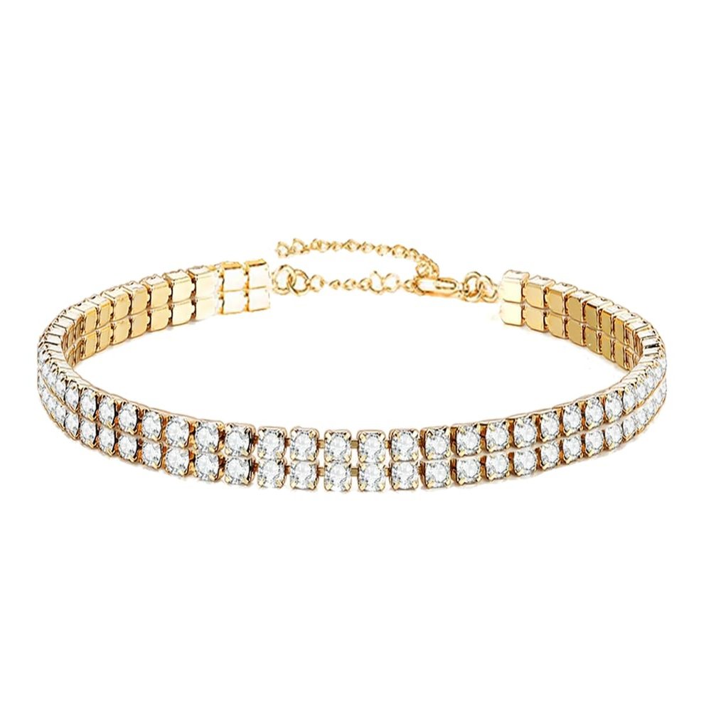 WangGao Stainless Steel 2 Row Rhinestone Hand Chain Sparkling Crystal Tennis Bracelets for Women Shiny Cubic Zirconia Bracelet Jewelry Bridal Wedding Bridesmaid,Gold Color