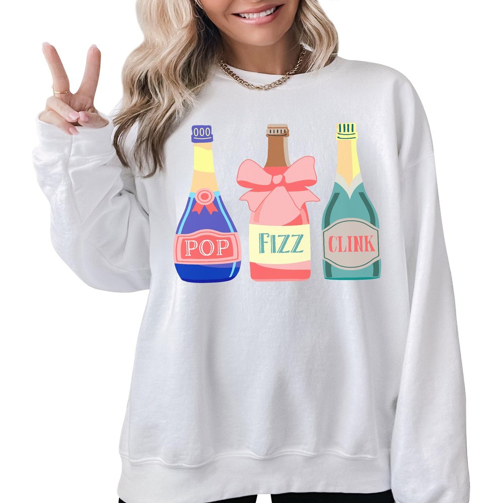 TEEAMORE Pop Fizz Clink Sweatshirt Champagne Graphic Drinking Bridesmaid Bridal Party Crewneck White Large #0036