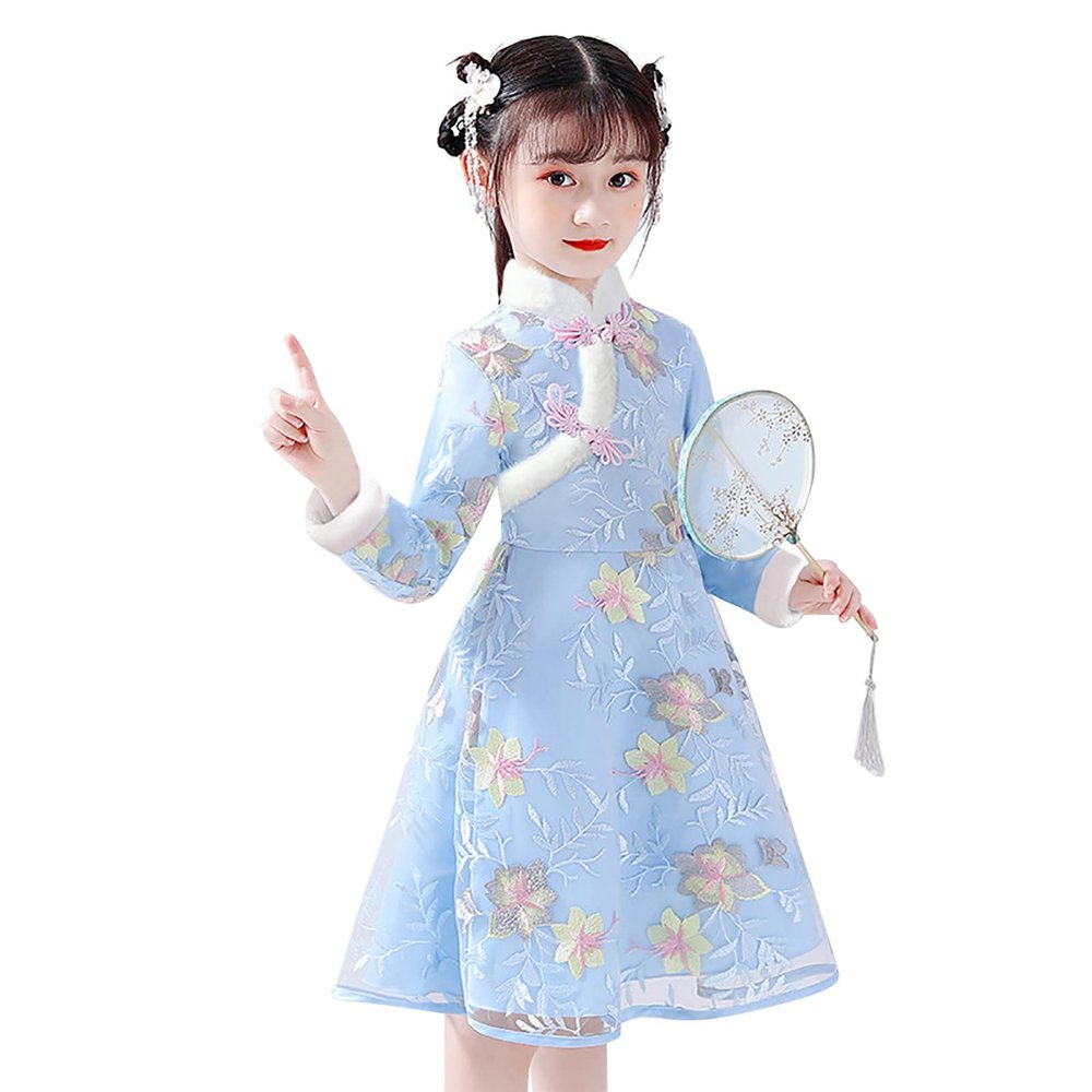 Egmy Toddler Kids Baby Girls Children Fairy Hanfu Dresses for Chinese Calendar New Year Fleece Lined (Blue, 10-11 Years)