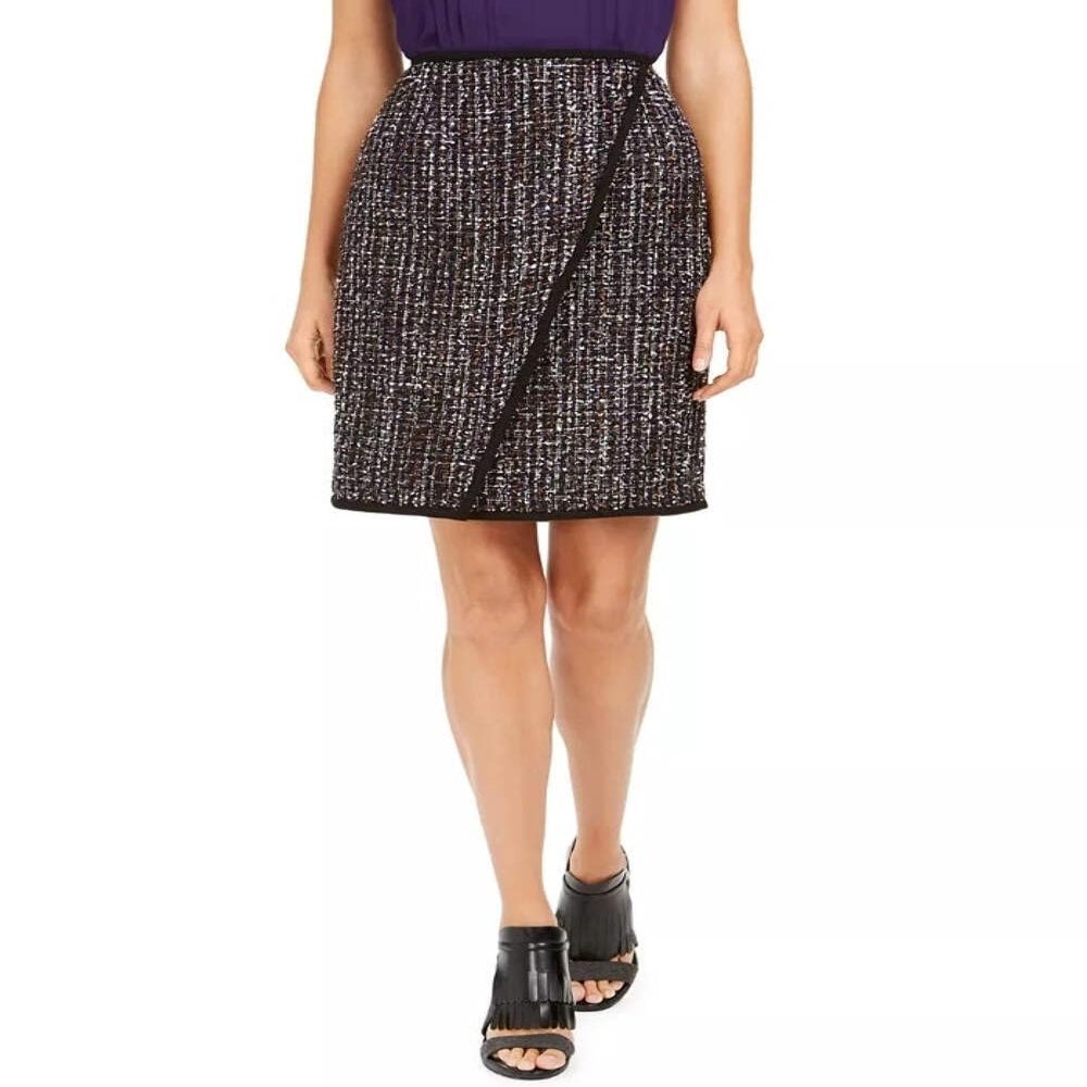 Calvin Klein Women's Petite Tweed Front-Overlap Skirt (2P, Black Multi)