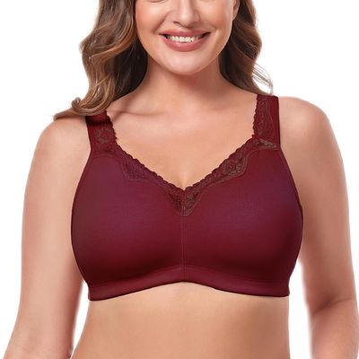 Women's Wireless Plus Size Lace Comfort Cotton Bra Full Coverage Unlined Minimizer Bra 36B Wine Red