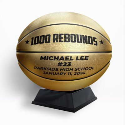 1000 REBOUNDS Custom Metallic Gold Basketball with Display Stand | Official Size | Personalized with Your Text! | Great for Award Ceremonies, Banquets, Senior Night