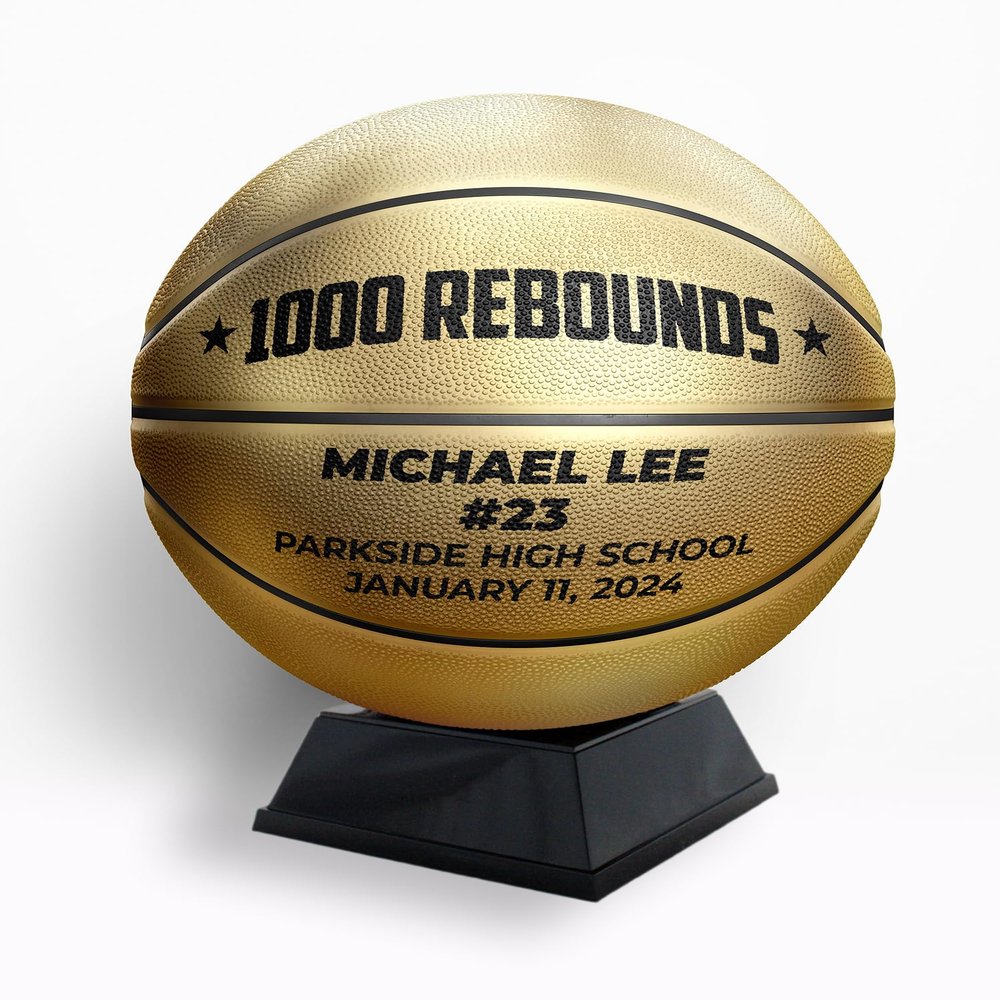 1000 REBOUNDS Custom Metallic Gold Basketball with Display Stand | Official Size | Personalized with Your Text! | Great for Award Ceremonies, Banquets, Senior Night