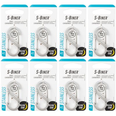 Nite Ize S-Biner Stainless Steel Dual Carabiner - Multi Purpose Dual Carabiner Clip - Great for Camping Supplies & Hiking Essentials - Secure Key Holder - Size 2, Stainless Steel (8 Pack)