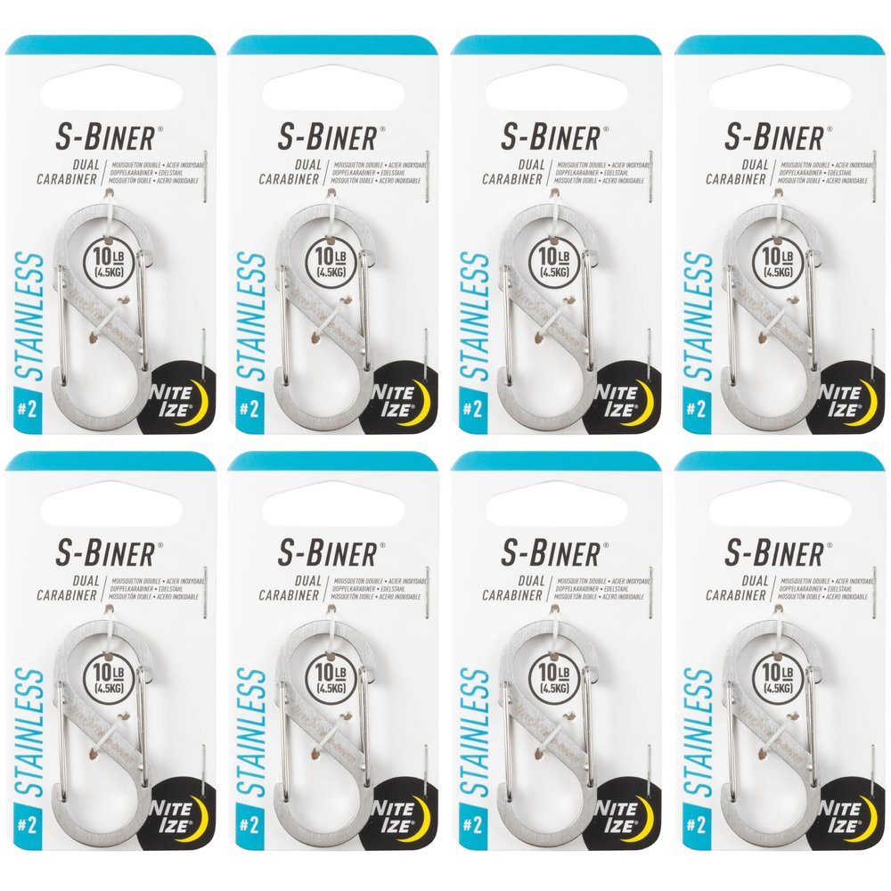 Nite Ize S-Biner Stainless Steel Dual Carabiner - Multi Purpose Dual Carabiner Clip - Great for Camping Supplies & Hiking Essentials - Secure Key Holder - Size 2, Stainless Steel (8 Pack)