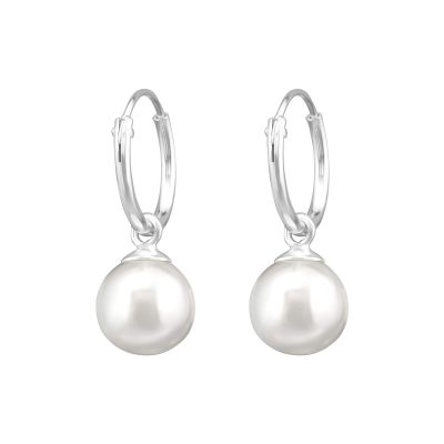 925 Sterling Silver Dangling Faux Pearl 12mm Hoop Earrings, Sold as a Pair (Silver)