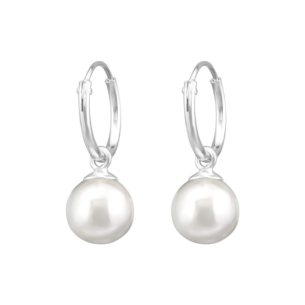 925 Sterling Silver Dangling Faux Pearl 12mm Hoop Earrings, Sold as a Pair (Silver)