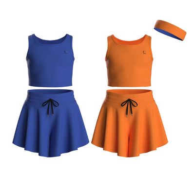 Essenclo Flowy Girls Butterfly Shorts Skirts w/Pockets & Athletic Sleeveless Tank Tops, Dance Tennis Cheer Running (5pc Set) - E2106 - Set-8-11-12