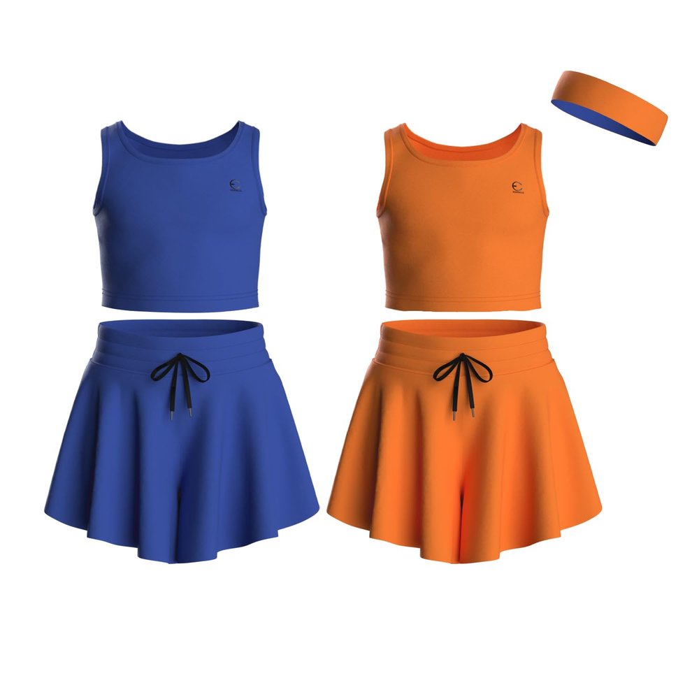 Essenclo Flowy Girls Butterfly Shorts Skirts w/Pockets & Athletic Sleeveless Tank Tops, Dance Tennis Cheer Running (5pc Set) - E2106 - Set-8-11-12