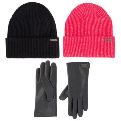 Nicole Miller Hat and Glove Set for Women Pack of 2 Winter Beanie Hats Soft & Faux Leather Gloves, Black L/XL