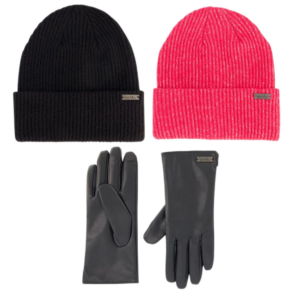 Nicole Miller Hat and Glove Set for Women Pack of 2 Winter Beanie Hats Soft & Faux Leather Gloves, Black L/XL