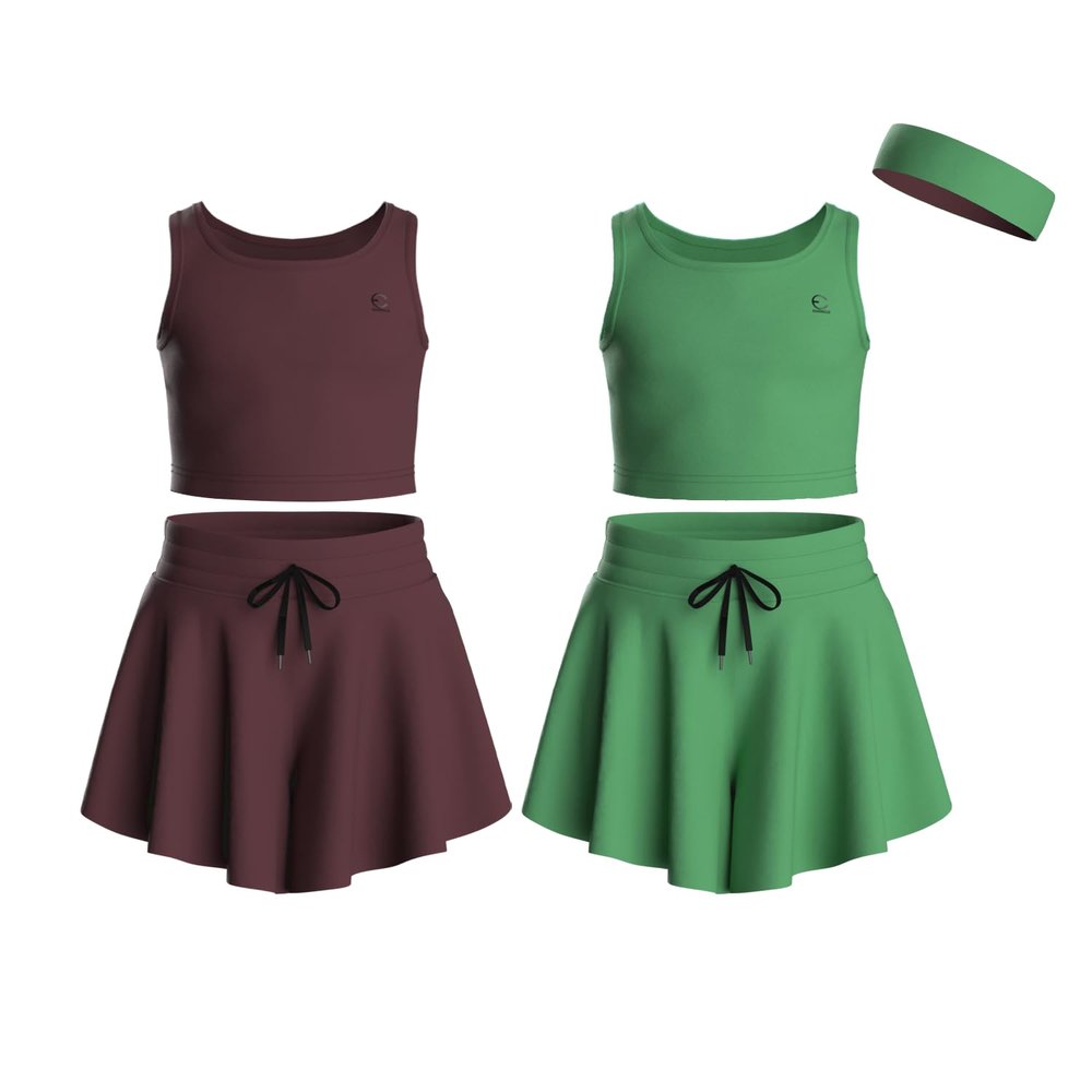 Essenclo Flowy Girls Butterfly Shorts Skirts w/Pockets & Athletic Sleeveless Tank Tops, Dance Tennis Cheer Running (5pc Set) - E2106 - Set-6-7-8