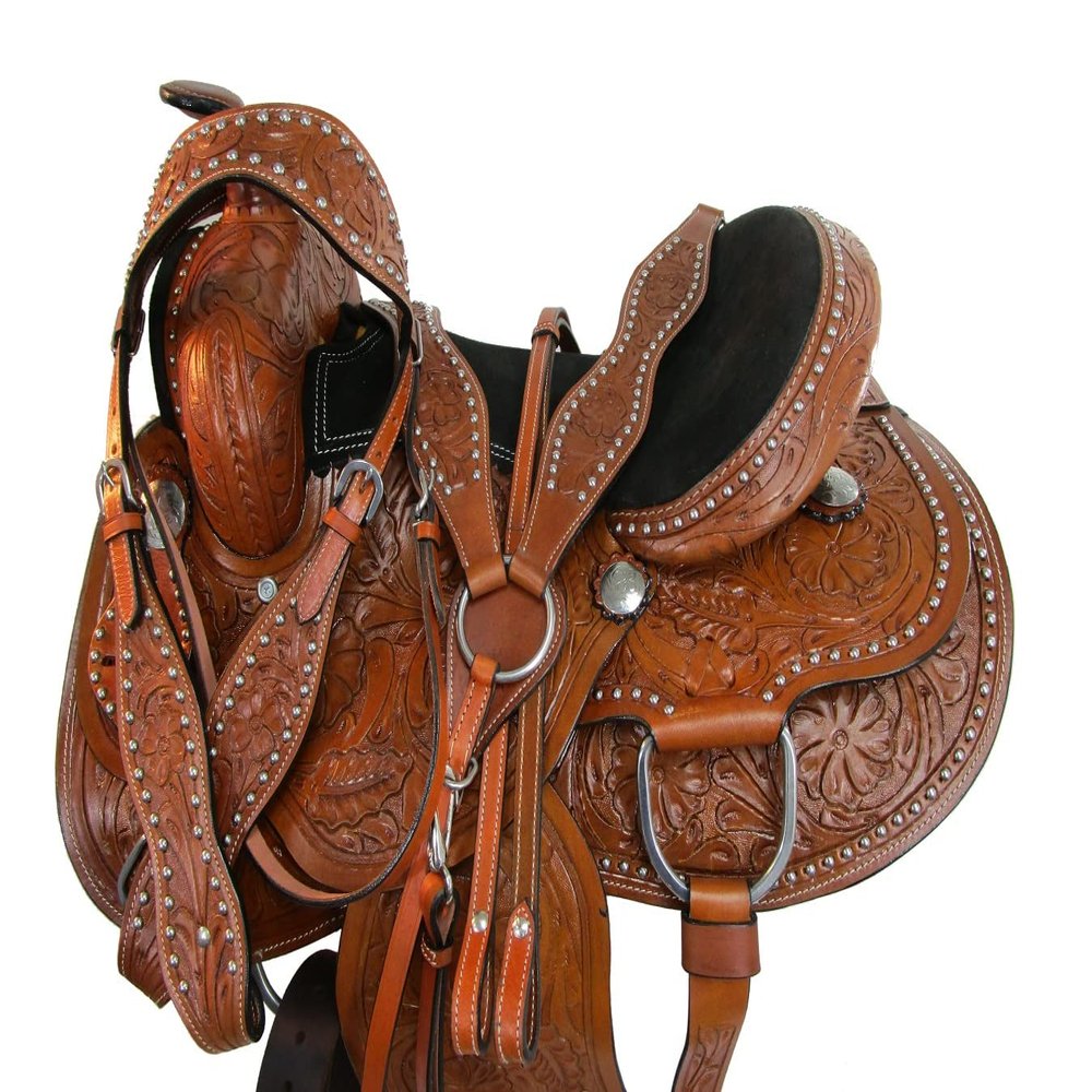 Western Horse Saddle Barrel Racing Pleasure Ride Trail Horse Tooled Leather Rodeo Cowboy Saddles 15 16 17 18 (18 Inch, Fully Tooled Black Seat)