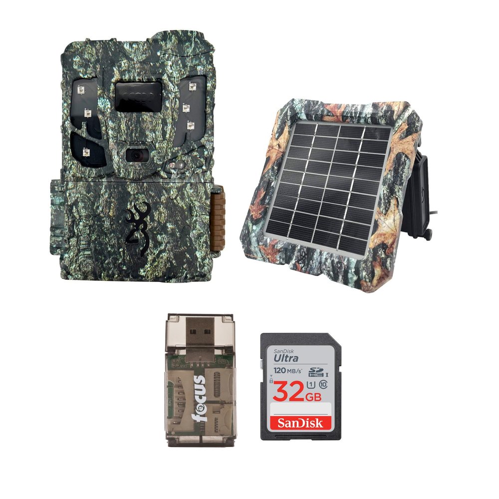 Browning Pro Scout Max Extreme HD Cellular Trail Camera Bundle with 32GB Memory Card, Reader, and Solar Power (4 Items)