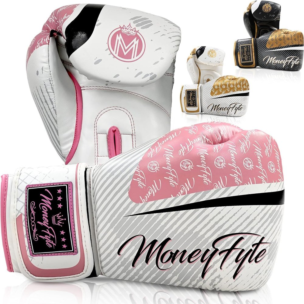 Boxing Gloves for Men & Women - Boxing, Kickboxing, Muay Thai, MMA, Training & Sparring - Punching Bag & Heavy Bag Gloves - MoneyFyte (White/Pink, 16 oz)