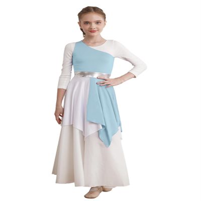 TSSOE Kids Girls Sleeveless Asymmetrical Praise Dance Overlay Color Block Lyrical Dance Tunic Dress Sky 10 Years