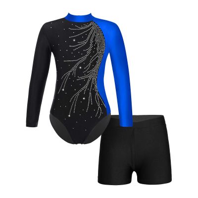 iiniim Kids Girls Mock Neck Long Sleeve Shiny Ballet Dance Leotard Gym Skating Bodysuit One Piece Jumpsuit Dancewear Blue Suit 14 Years