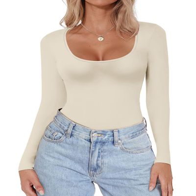 Ekouaer Women's Scoop Neck Long Sleeve Top Tight Shirts Thermal Undershirts Base Layer Tee Beige L