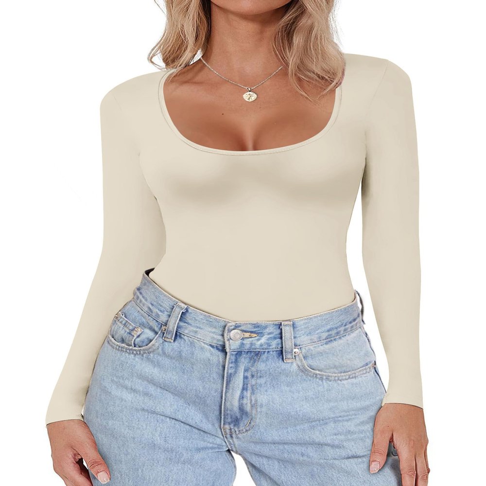 Ekouaer Women's Scoop Neck Long Sleeve Top Tight Shirts Thermal Undershirts Base Layer Tee Beige L