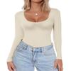 Ekouaer Women's Scoop Neck Long Sleeve Top Tight Shirts Thermal Undershirts Base Layer Tee Beige L view 1