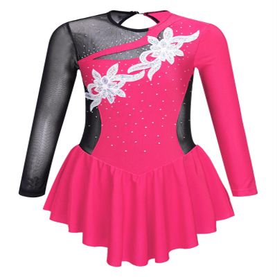 TSSOE Kids Girls Long Sleeves Mesh Patchwork Shiny Sequins Figure Ice Skating Dress Ballet Dancewear B03 12 Years