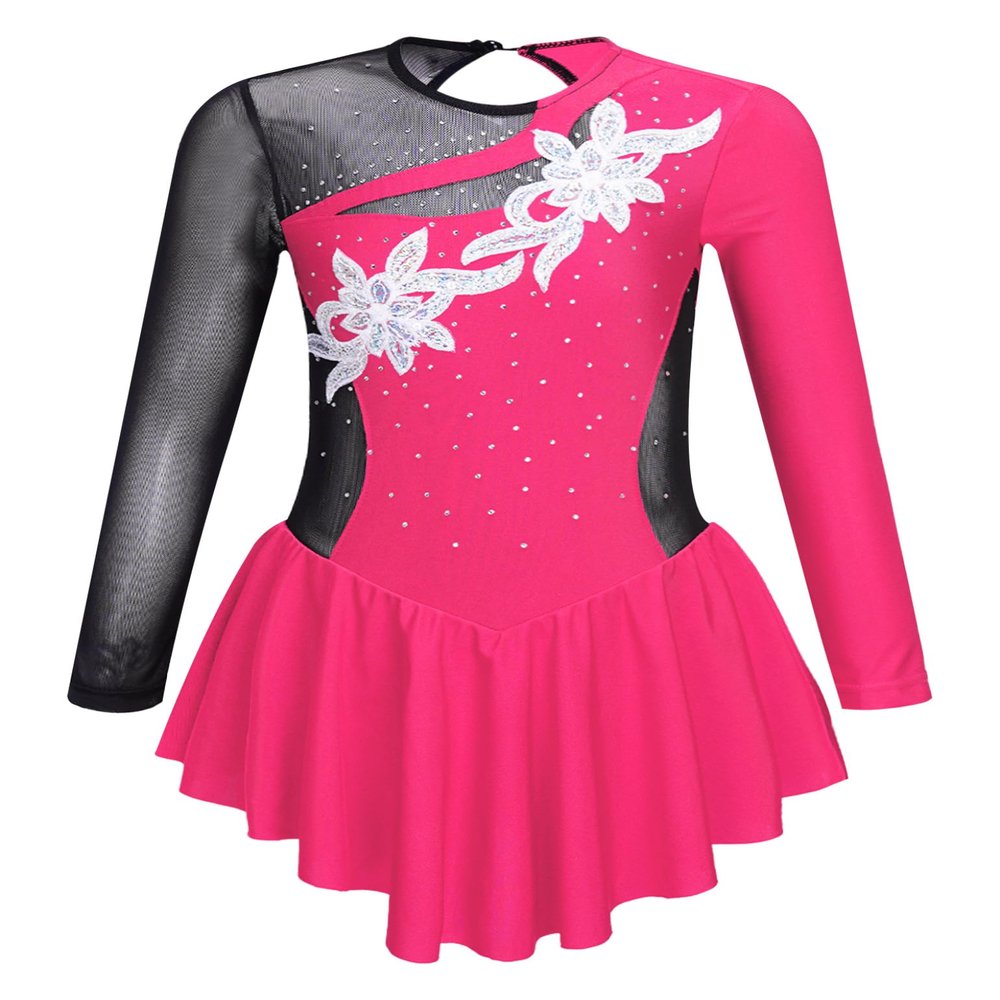 TSSOE Kids Girls Long Sleeves Mesh Patchwork Shiny Sequins Figure Ice Skating Dress Ballet Dancewear B03 12 Years