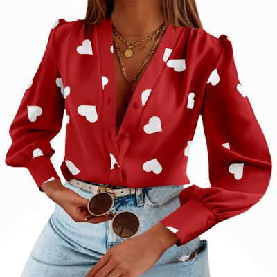 Flowyair Women's V Neck Shirts Button Down Long Sleeve Heart Print Casual Work Blouses