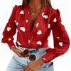 Flowyair Women's V Neck Shirts Button Down Long Sleeve Heart Print Casual Work Blouses view 1