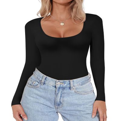 Ekouaer Women's Scoop Neck Long Sleeve Top Tight Shirts Thermal Undershirts Base Layer Tee Black L