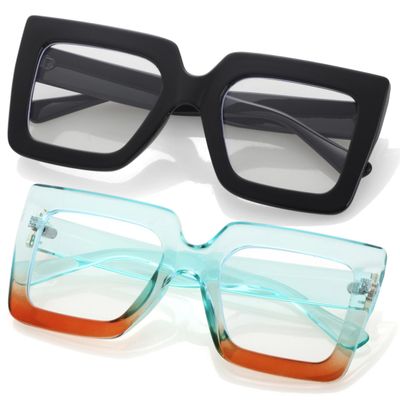 Kursan Oversized Square Black Glasses for Women Men Big Frame Blue Light Blocking Glasses Fashion Eyeglasses (Bright Black + Blue/Orange)