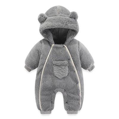 YEAHDOR Infant Baby Fleece Jumpsuit Snowsuit Unisex Cute Bear Hooded Bodysuit Winter Warm Romper Outfit Button Grey 3-6 Months